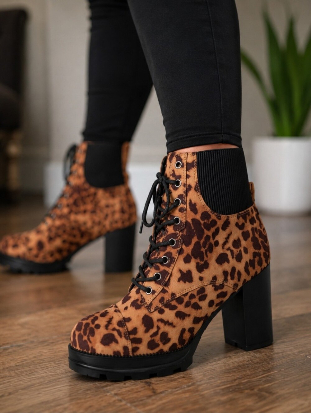 Animal Print Lace-Up Block Heel Ankle Boots | New in Box